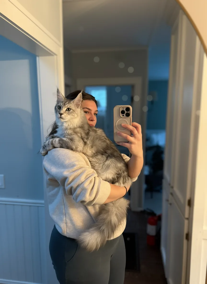 Maine Coon cat mirror selfie for verification