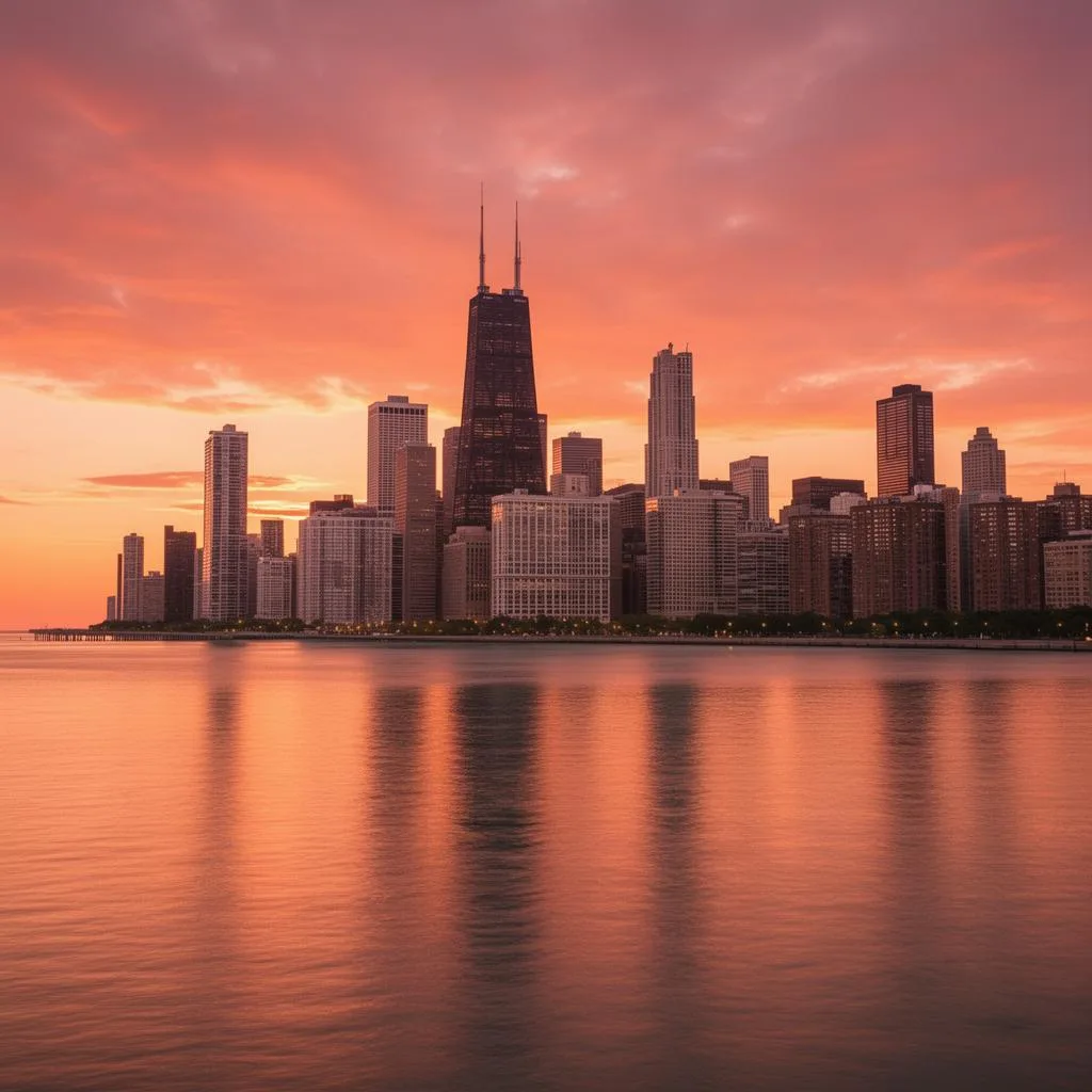 Chicago skyline at sunset