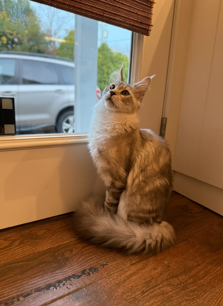 Maine Coon kitten gazing out window — Chatlerie home-raised kittens