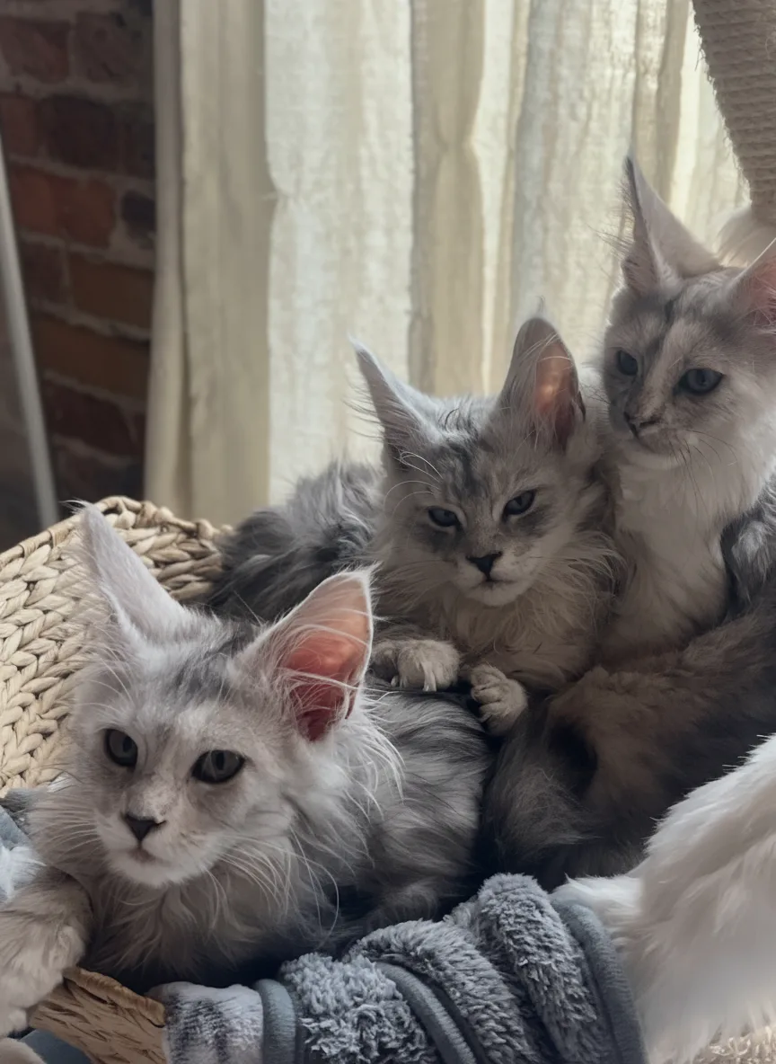Litter of silver Maine Coon kittens in basket — Chatlerie Illinois cattery
