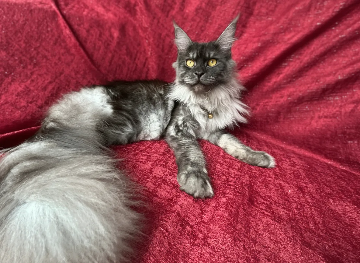Regal Maine Coon on red velvet