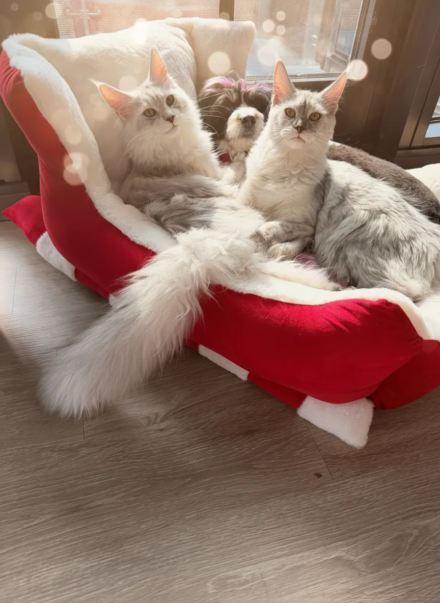 European Maine Coons sharing bed with dog — Chatlerie family socialization
